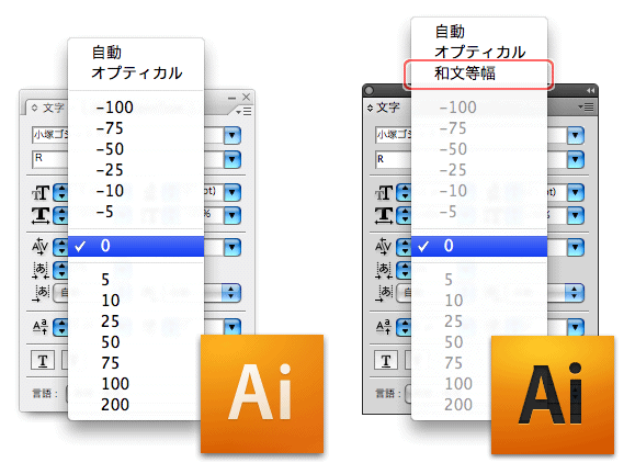 Illustrator CS3とCS4の［文字］パレット